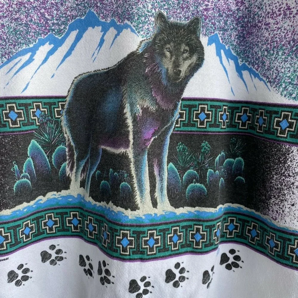 Vintage Sunrise Sportswear Blue Eye Wolf Sweatshirt White Size Large All Over - Picture 4 of 9